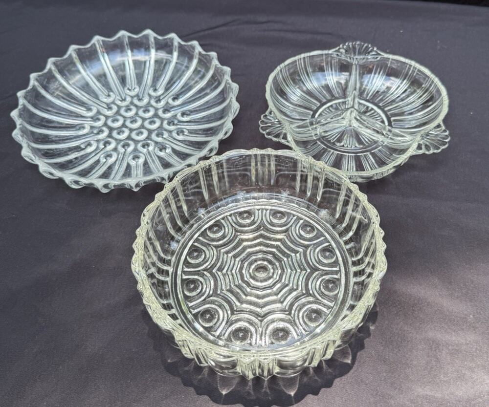 3 Vintage Heisey Pressed Glass Small Lot Of 3 Relish Olive Serving Dishes